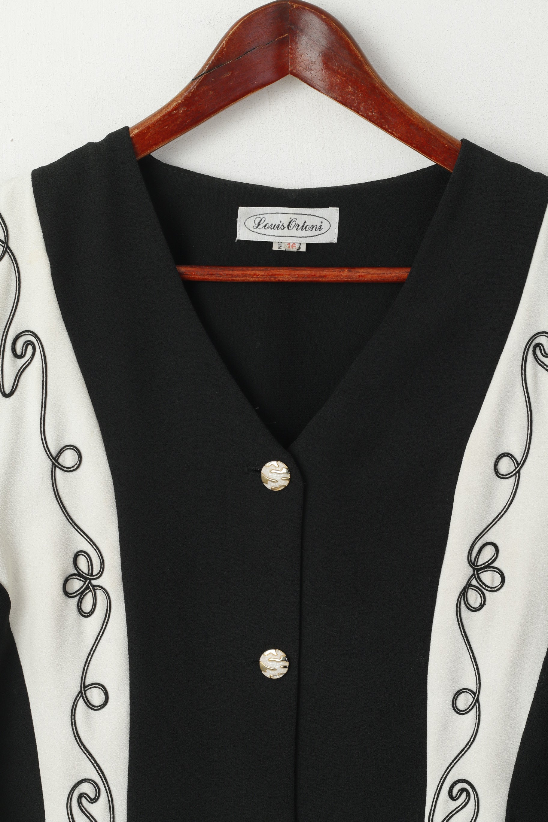 Louis Ortoni Women 16 L Shirt Black Vintage Sooulder Pads Shiny Buttoned 2/3 Sleeve Top