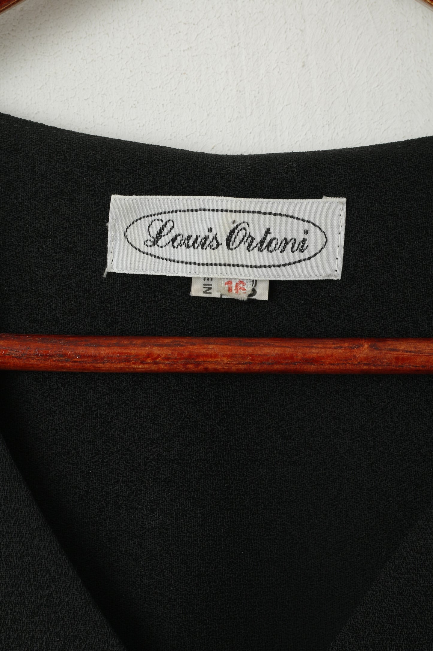 Louis Ortoni Women 16 L Shirt Black Vintage Sooulder Pads Shiny Buttoned 2/3 Sleeve Top