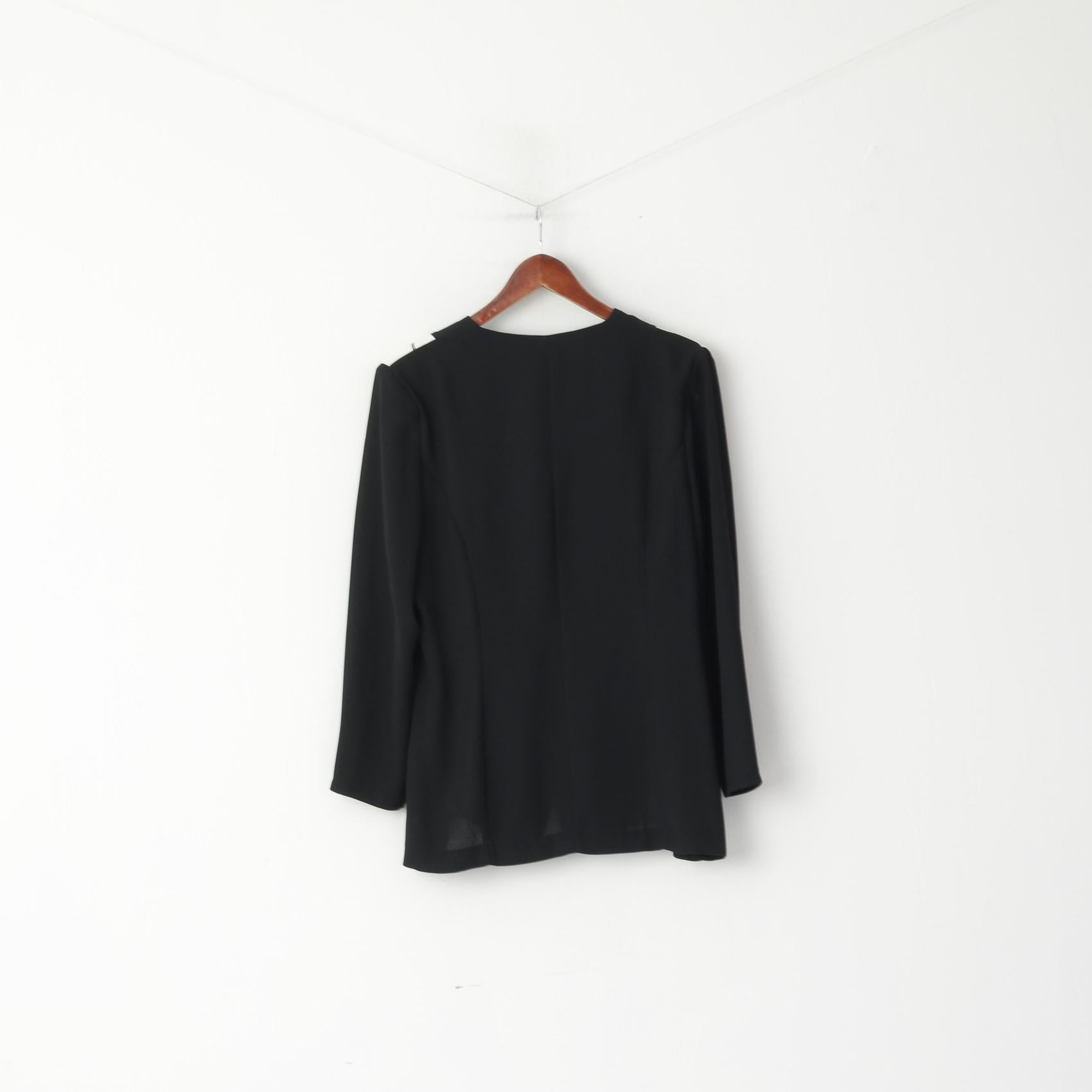 Louis Ortoni Women 16 L Shirt Black Vintage Sooulder Pads Shiny Buttoned 2/3 Sleeve Top