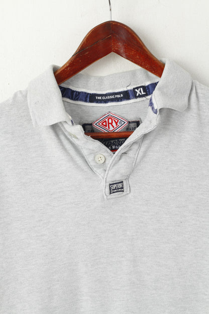 Superdry Men XL (L) Polo Shirt Grey Cotton Classic Japan Detailed Buttons Top
