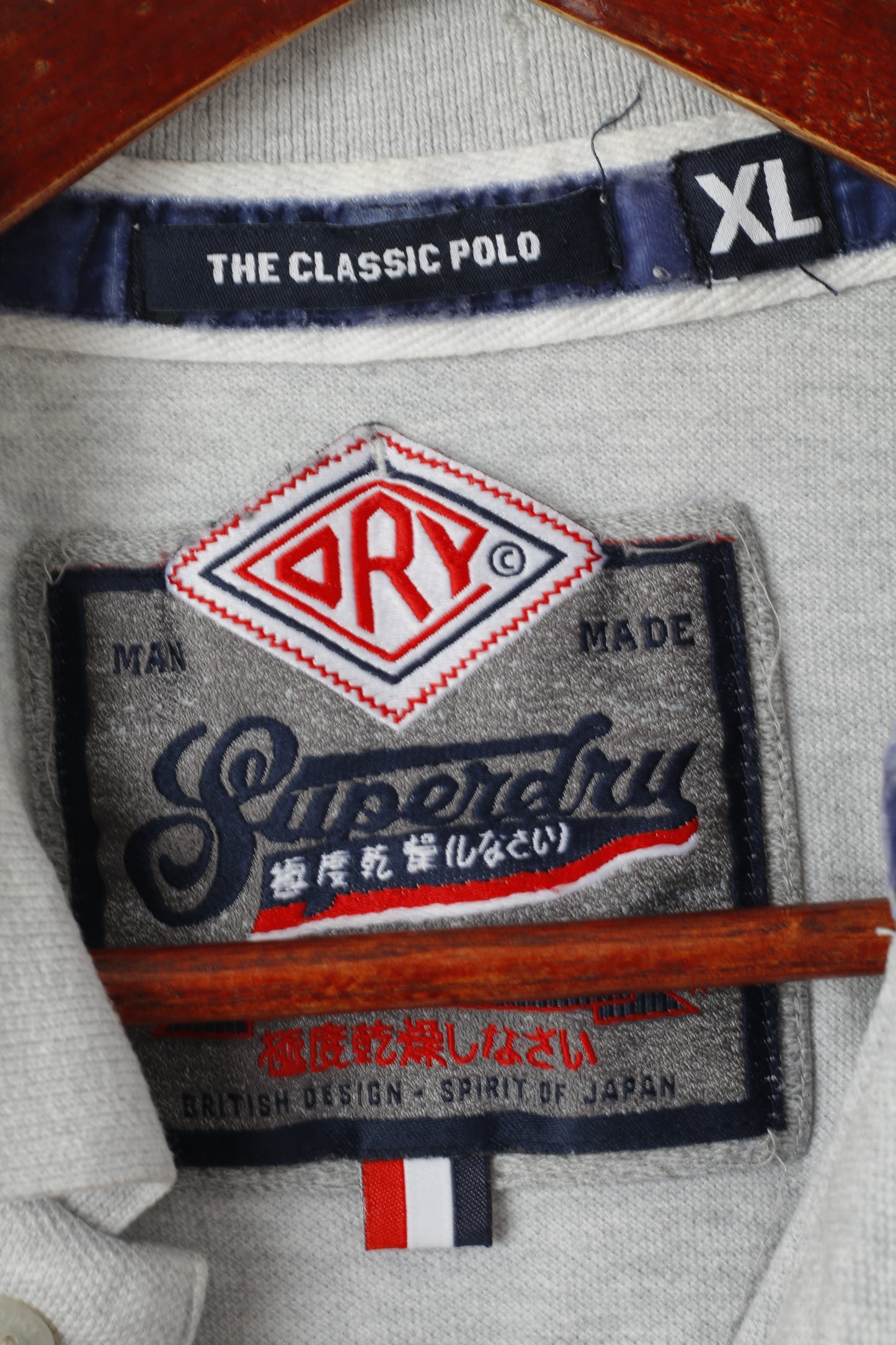 Superdry Men XL (L) Polo Shirt Grey Cotton Classic Japan Detailed Buttons Top
