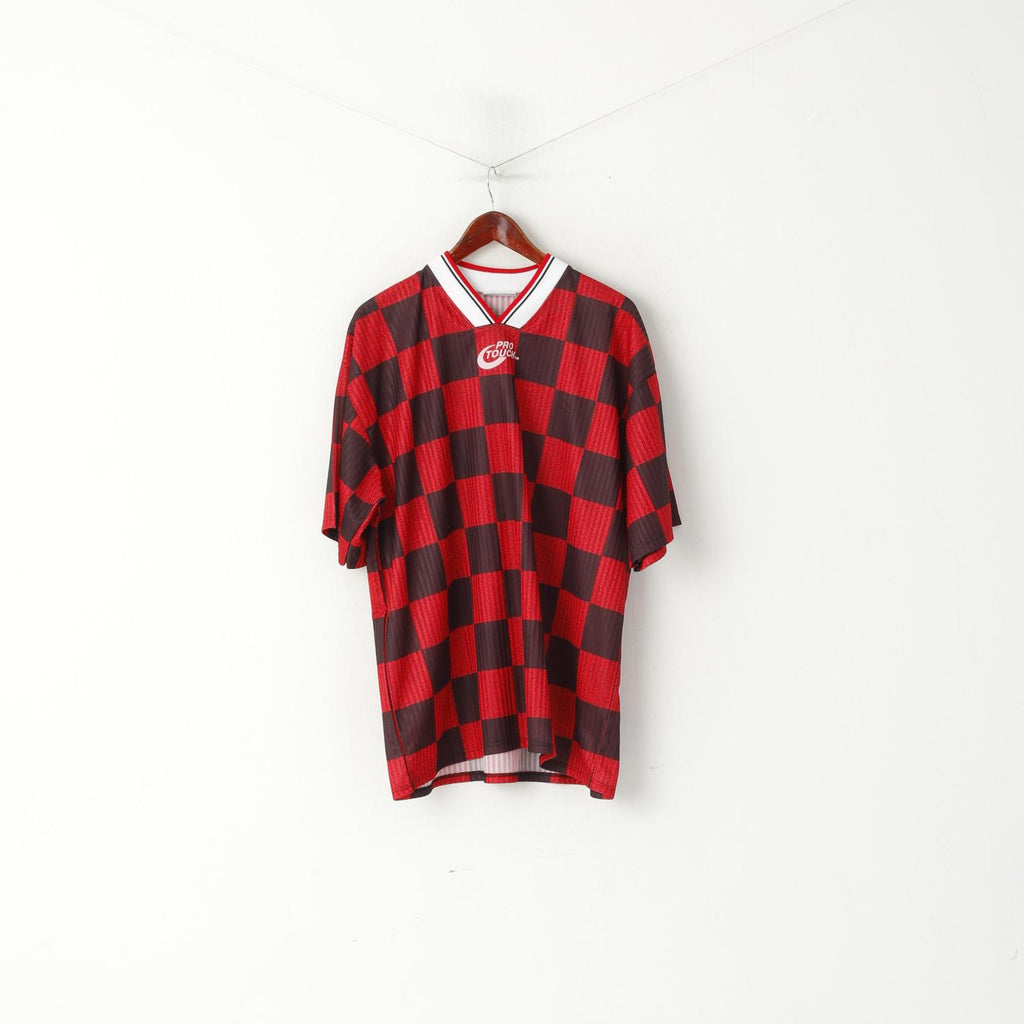 Pro Touch Men XL Shirt Red Black Check Football Vintage Traning Jersey Top