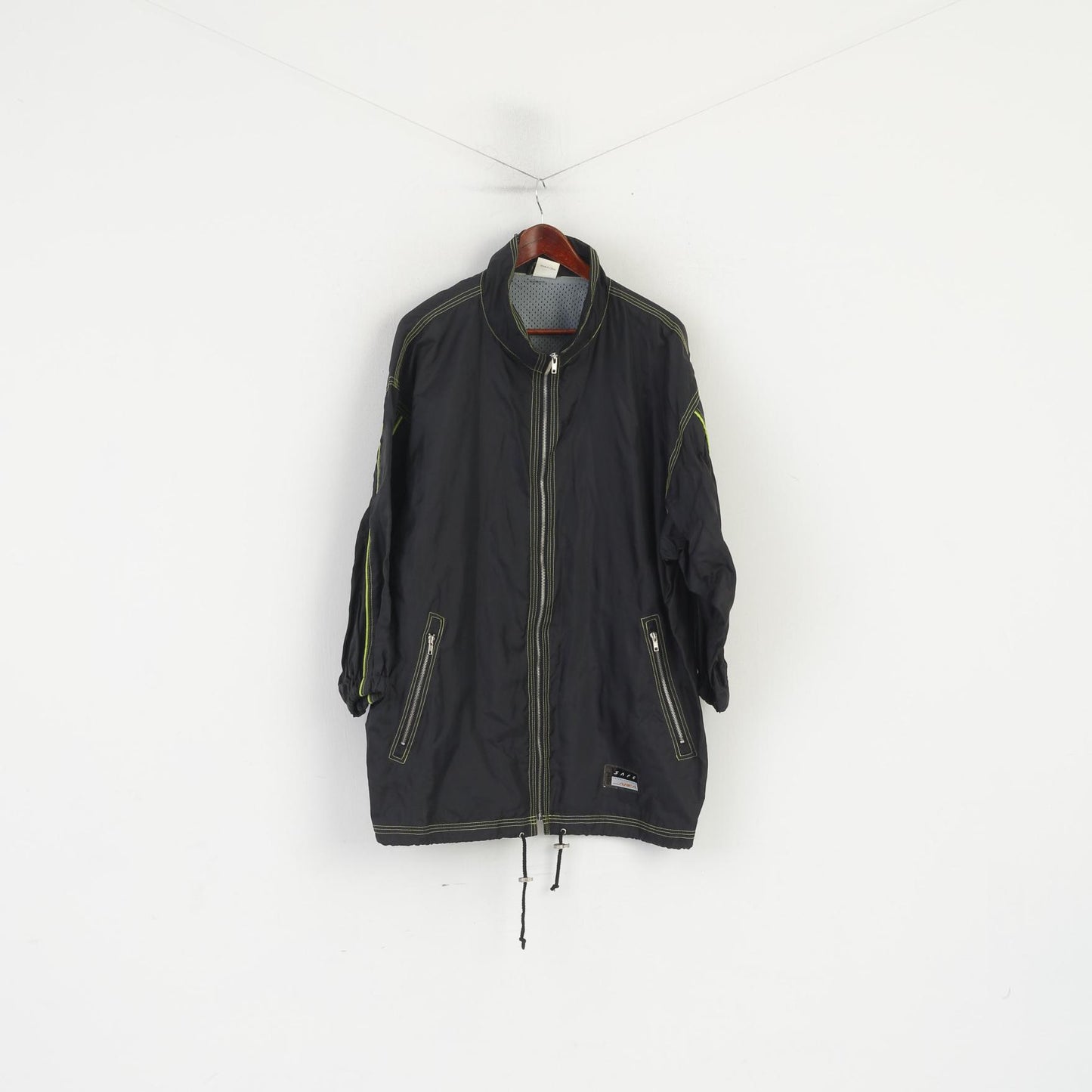 Etirel Men L Long Jacket Black Nylon Waterproof Full Zipper Rainproof Vintage Top