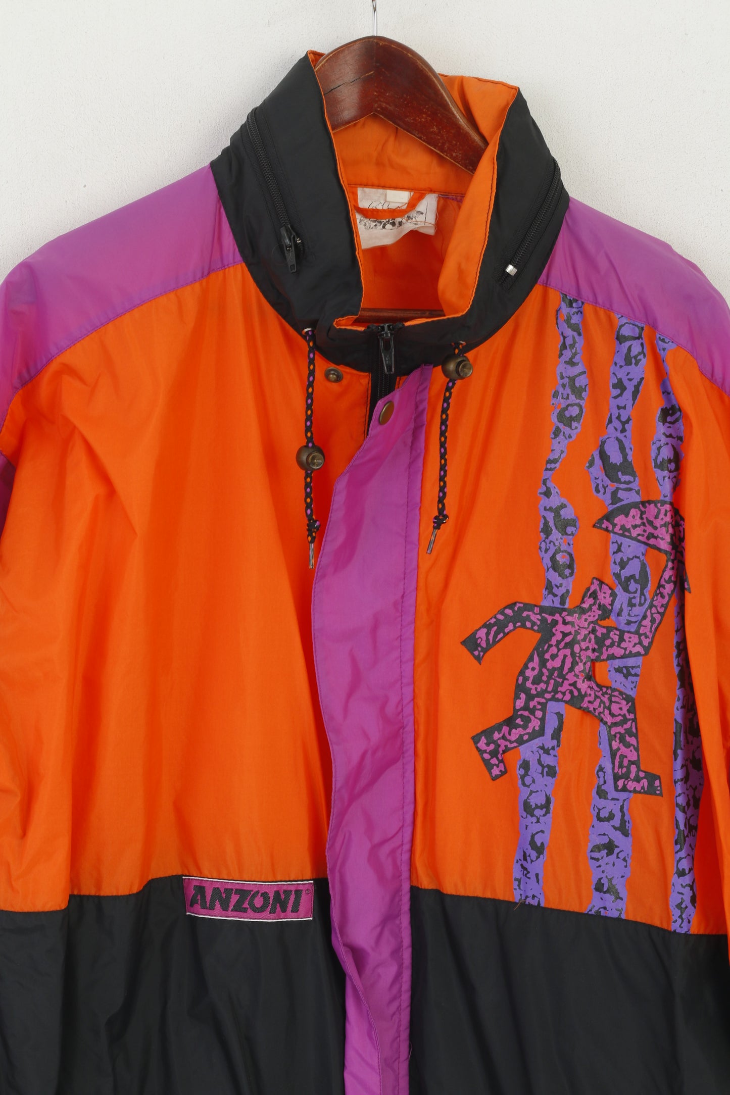Anzoni Men XL Jacket Orange Vintage Hidden Hood Full Zipper Lightweight Rain Top
