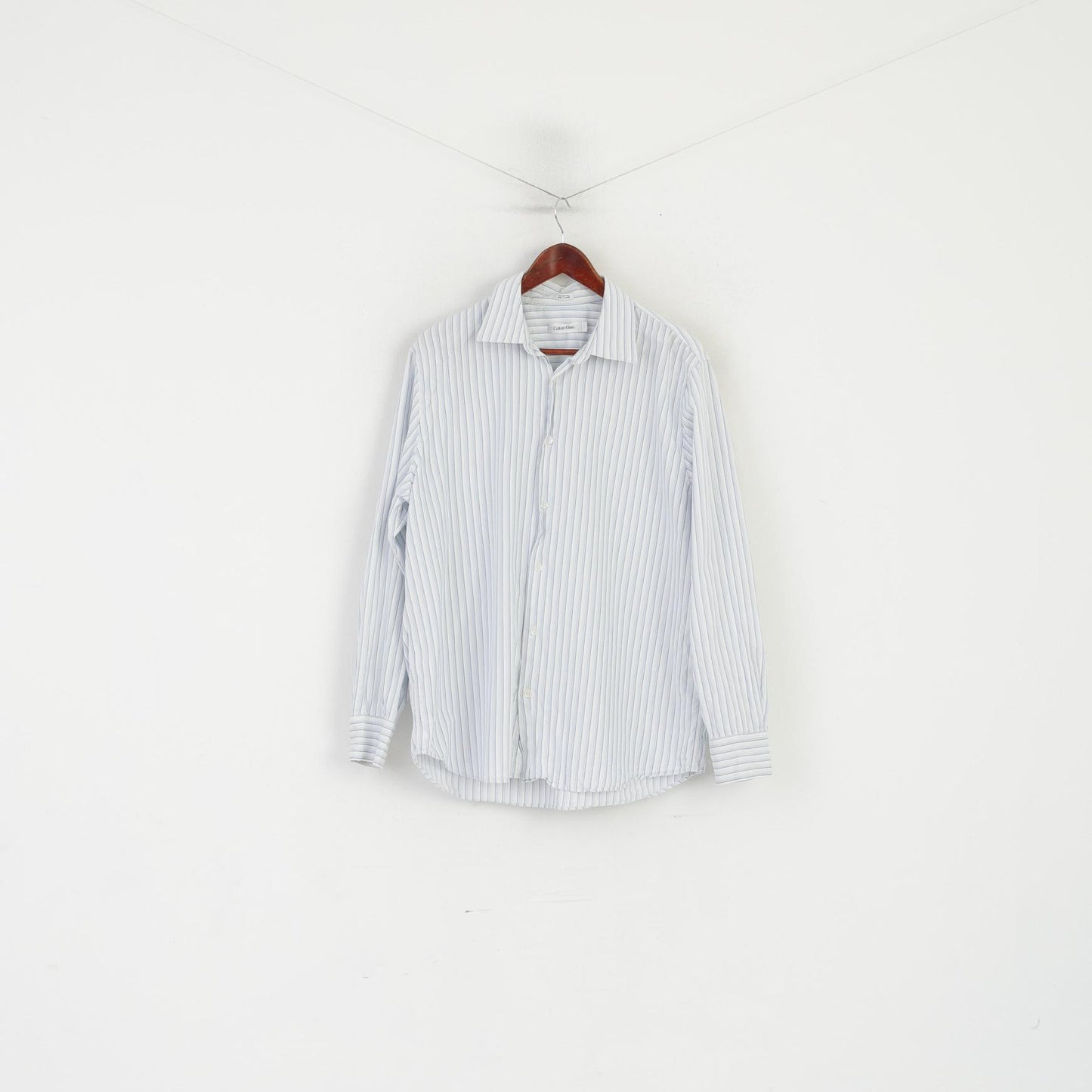 Calvin Klein Men L Casual Shirt White Blue Striped Cotton Long Sleeve Top