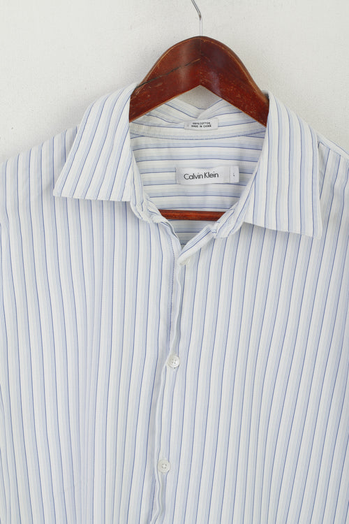 Calvin Klein Men L Chemise décontractée Blanc Bleu Rayé Coton Haut à manches longues
