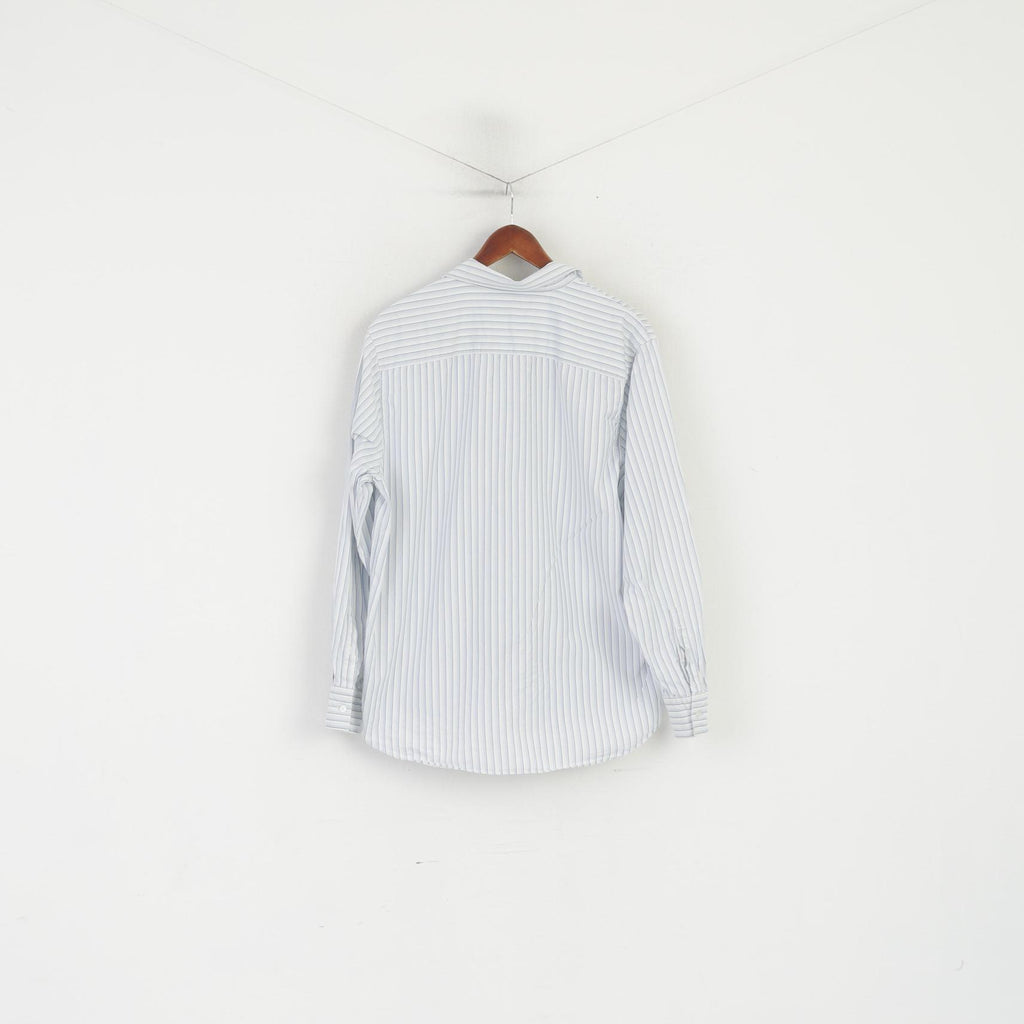 Calvin Klein Men L Casual Shirt White Blue Striped Cotton Long Sleeve Top