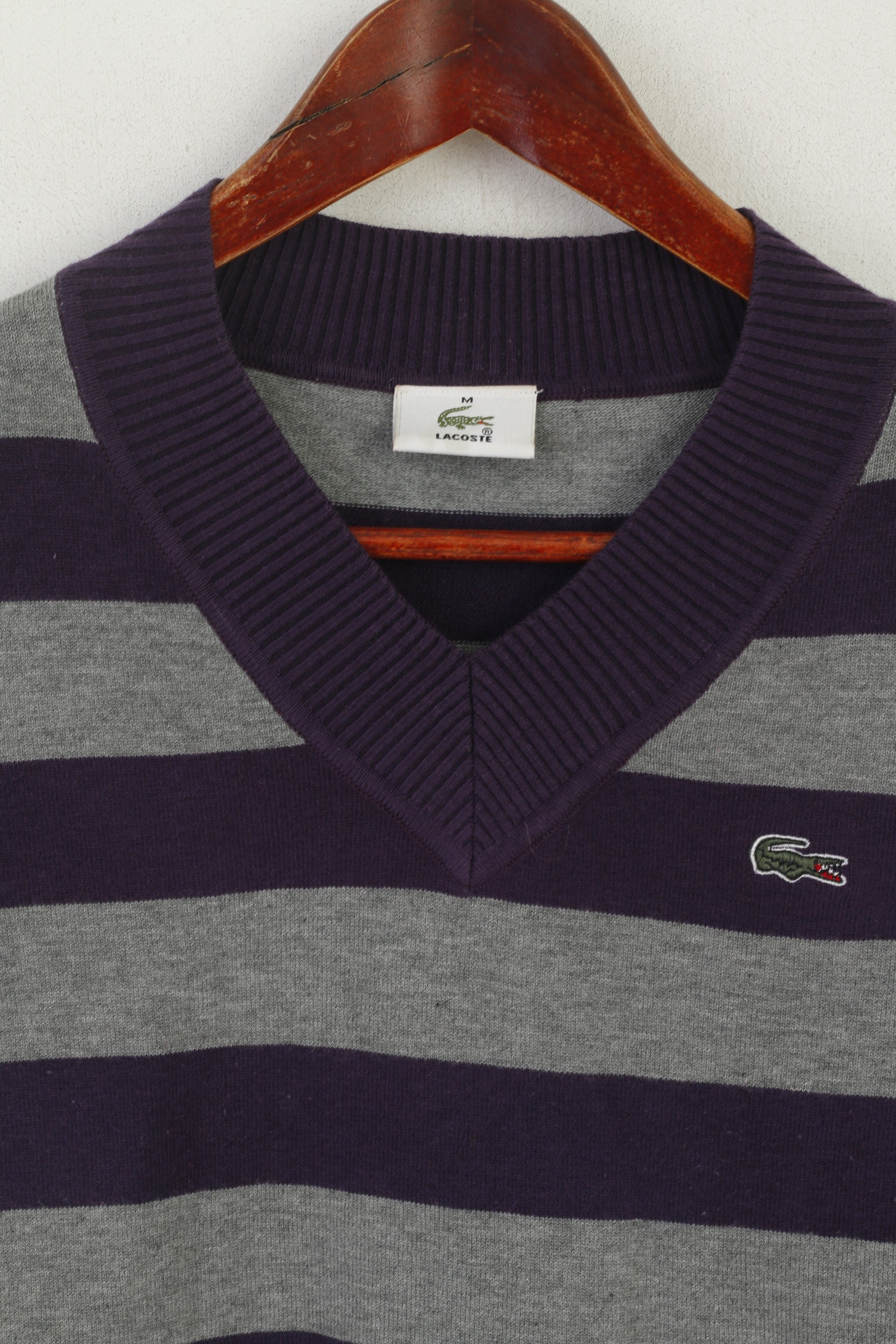 Lacoste Women M Jumper Grey Purple Striped Cropped Stretch V Neck Sweater