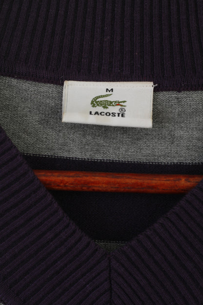 Lacoste Women M Jumper Grey Purple Striped Cropped Stretch V Neck Sweater