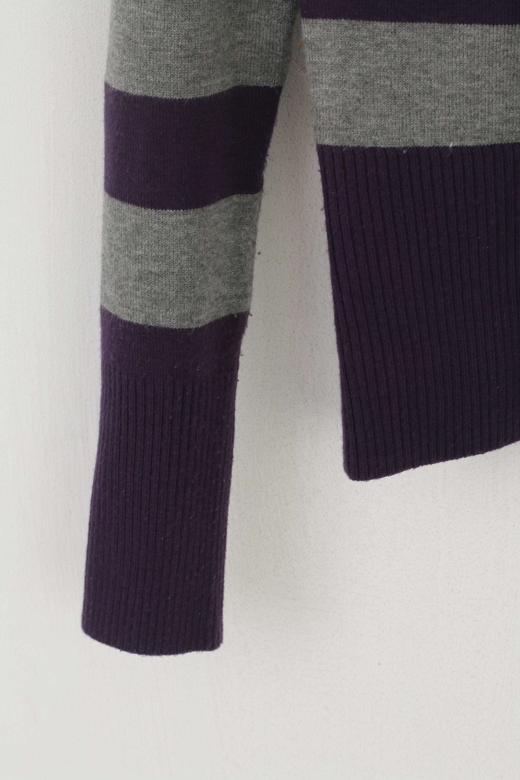 Lacoste Women M Jumper Grey Purple Striped Cropped Stretch V Neck Sweater