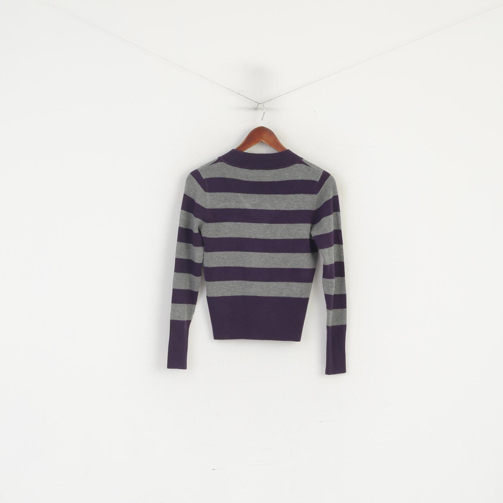 Lacoste Femmes M Jumper Gris Violet Rayé Court Stretch Col V Pull