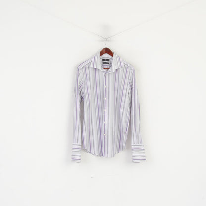 Jeff Banks Men 16 41 M Formal Shirt Purple Striped Cotton Tailored Fit Buttons Down Top