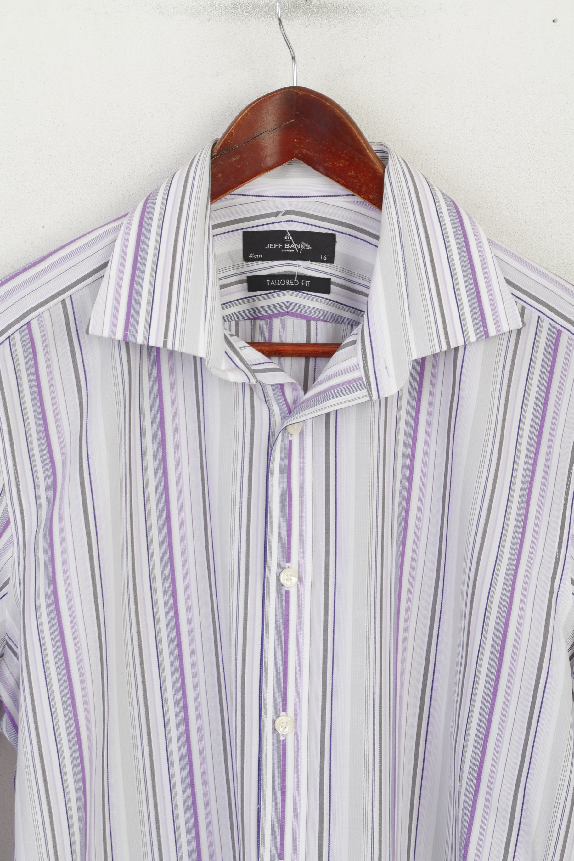 Jeff Banks Men 16 41 M Formal Shirt Purple Striped Cotton Tailored Fit Buttons Down Top