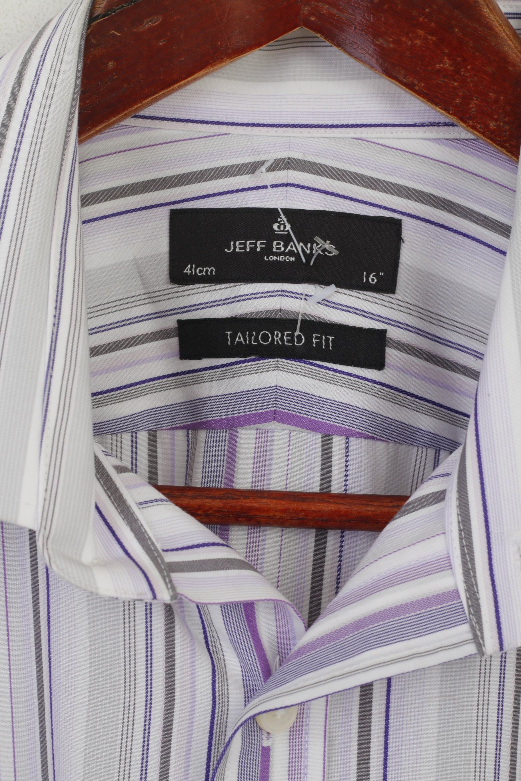 Jeff Banks Men 16 41 M Formal Shirt Purple Striped Cotton Tailored Fit Buttons Down Top
