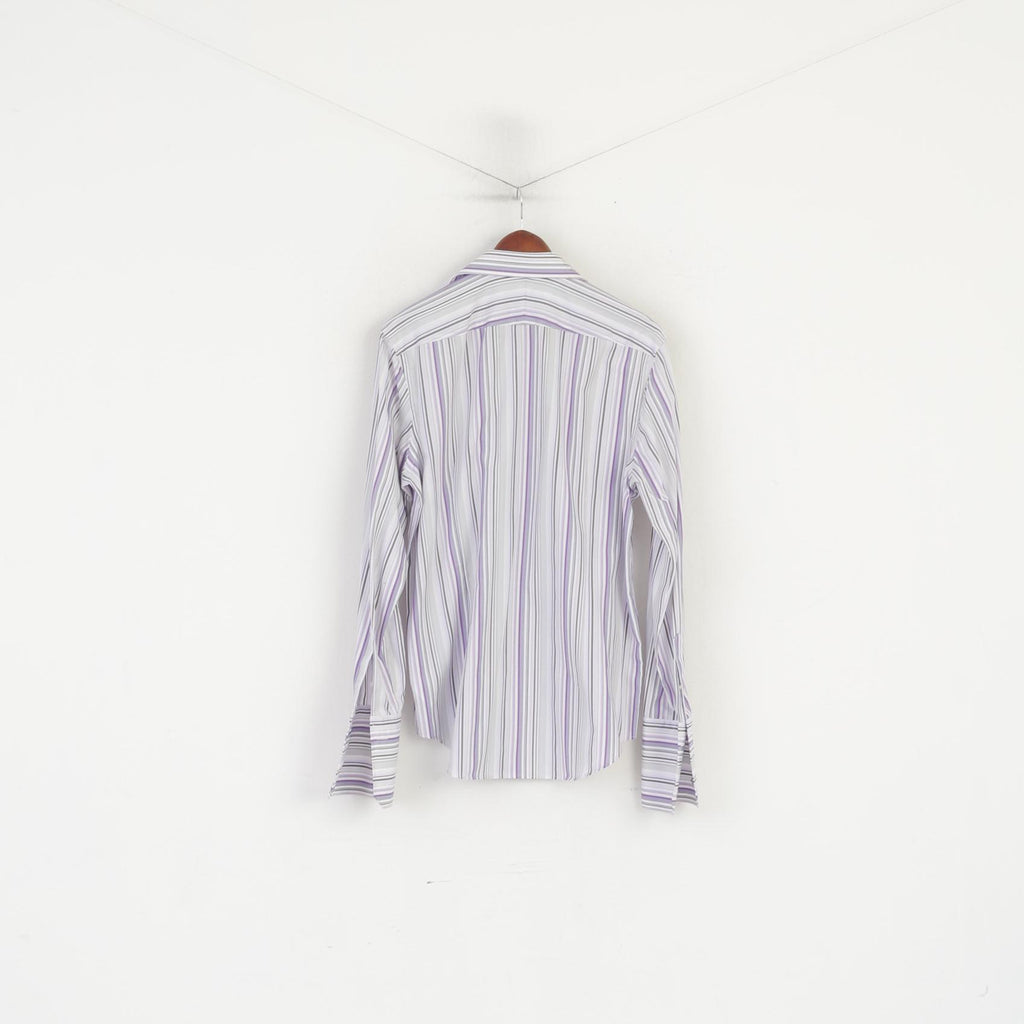 Jeff Banks Men 16 41 M Formal Shirt Purple Striped Cotton Tailored Fit Buttons Down Top