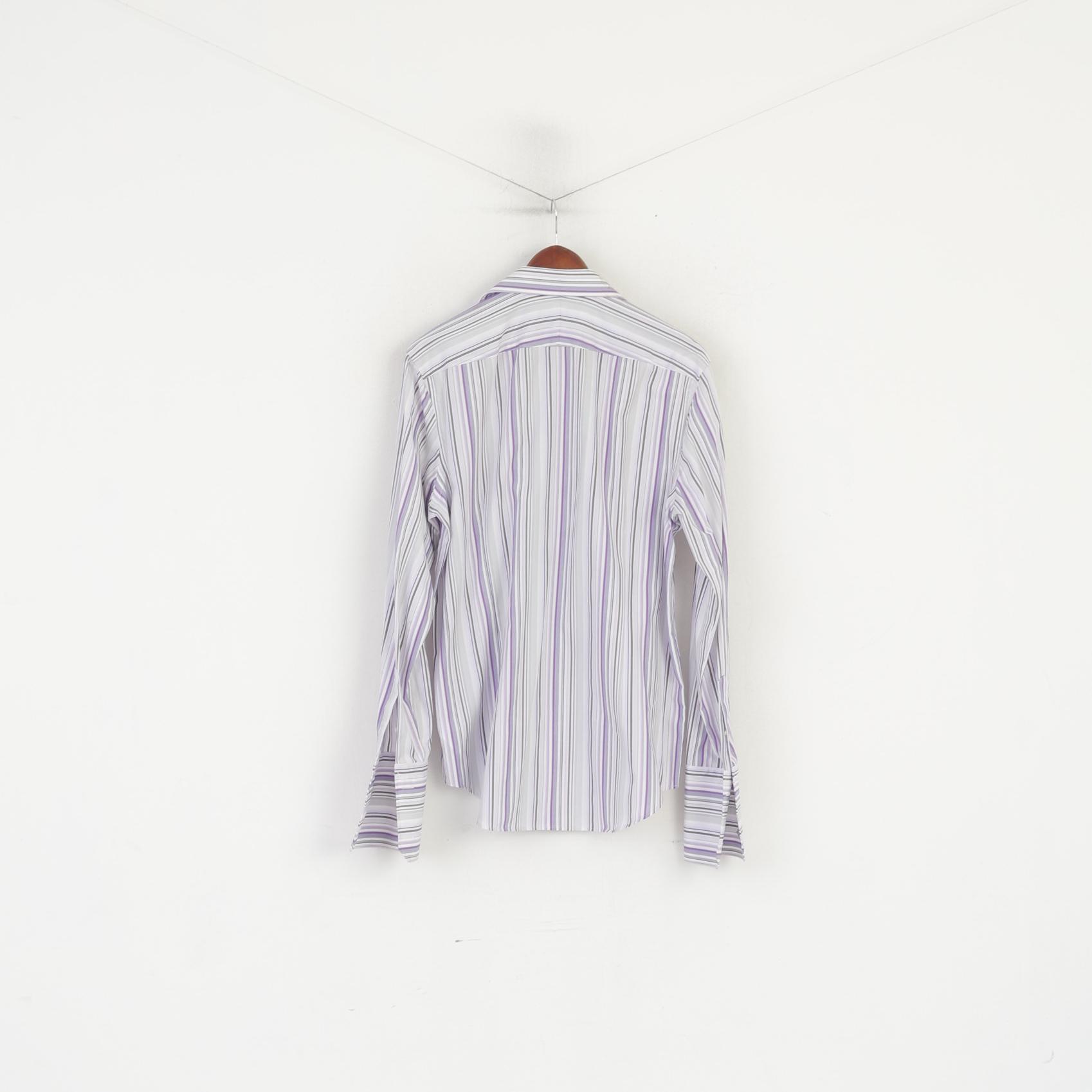 Jeff Banks Men 16 41 M Formal Shirt Purple Striped Cotton Tailored Fit Buttons Down Top