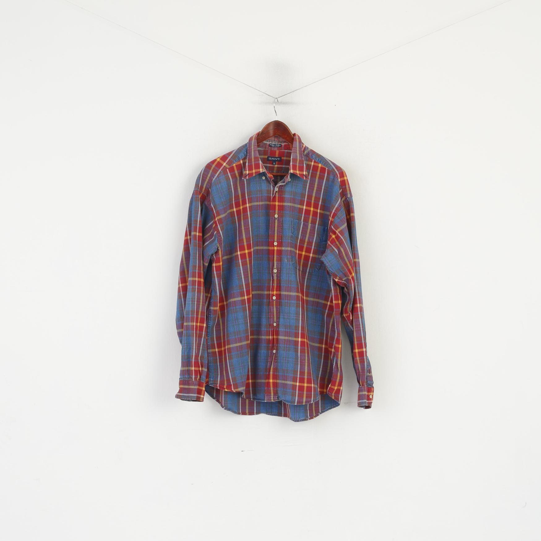 Gant Men XL Chemise décontractée Rouge Délavé Check Indigo Coton Western Vintage Haut à manches longues
