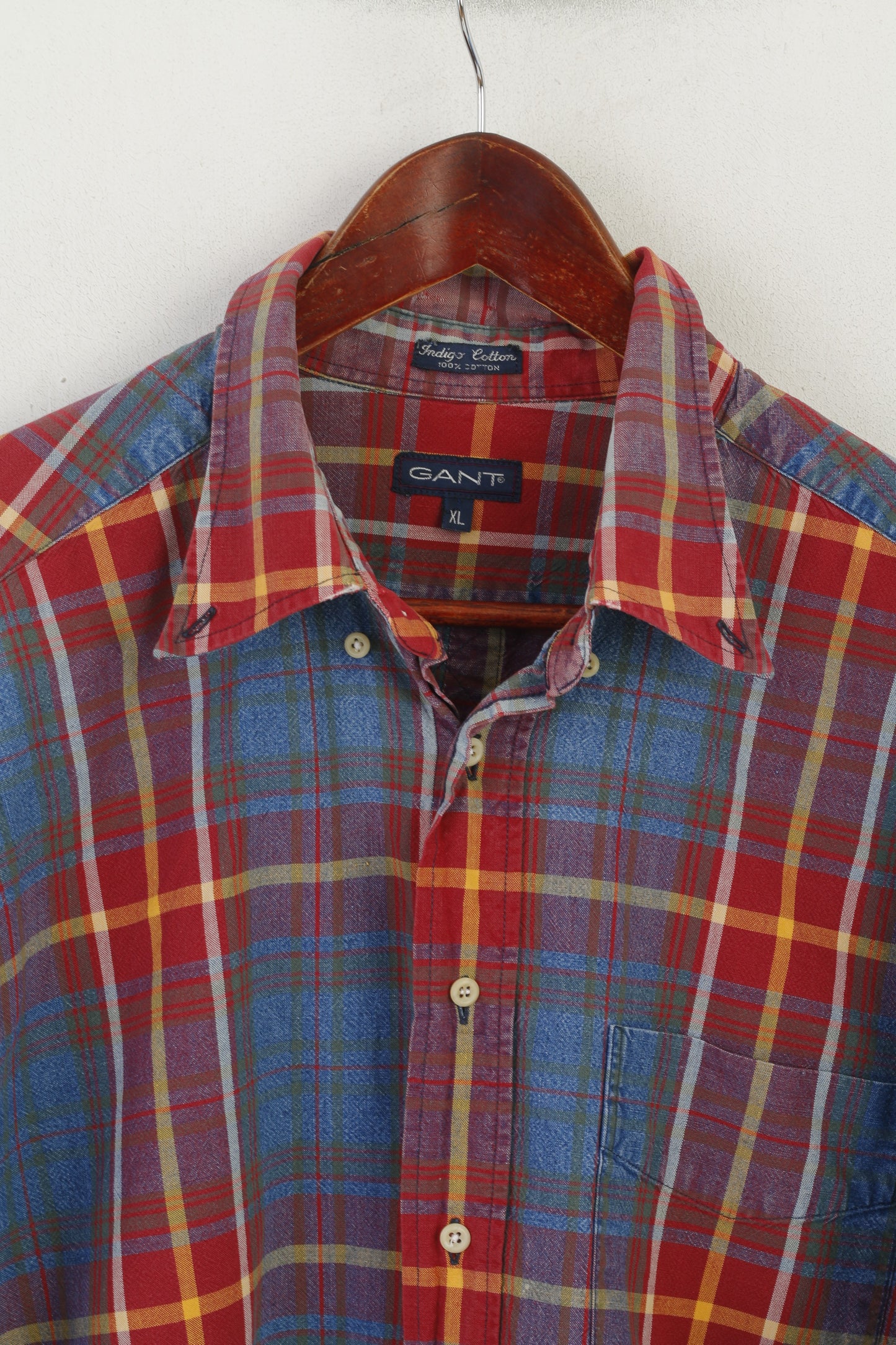 Gant Men XL Casual Shirt Red Faded Check Indigo Cotton Western Vintage Long Sleeve Top