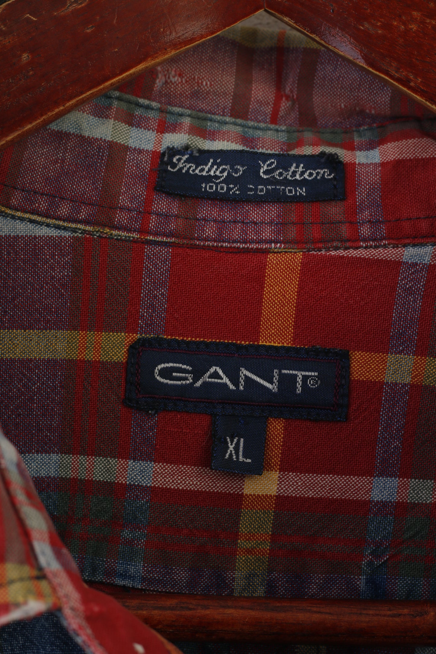 Gant Men XL Chemise décontractée Rouge Délavé Check Indigo Coton Western Vintage Haut à manches longues