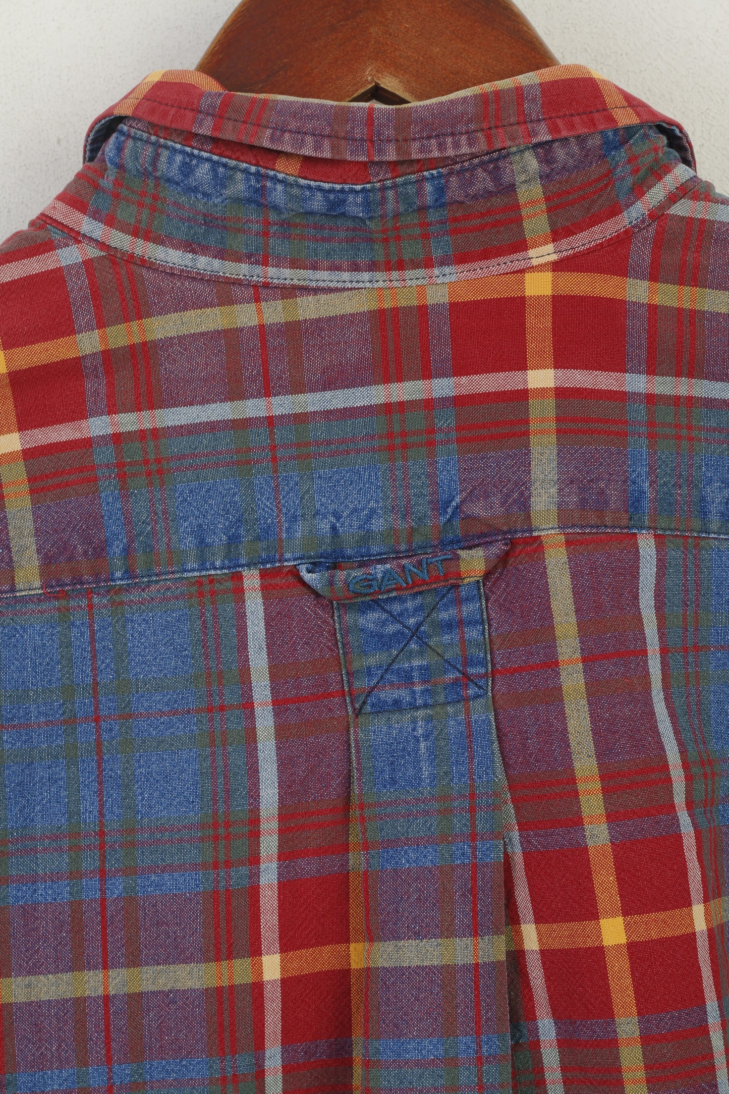 Gant Camicia casual da uomo XL Top a maniche lunghe vintage in cotone indaco con quadri rossi sbiaditi