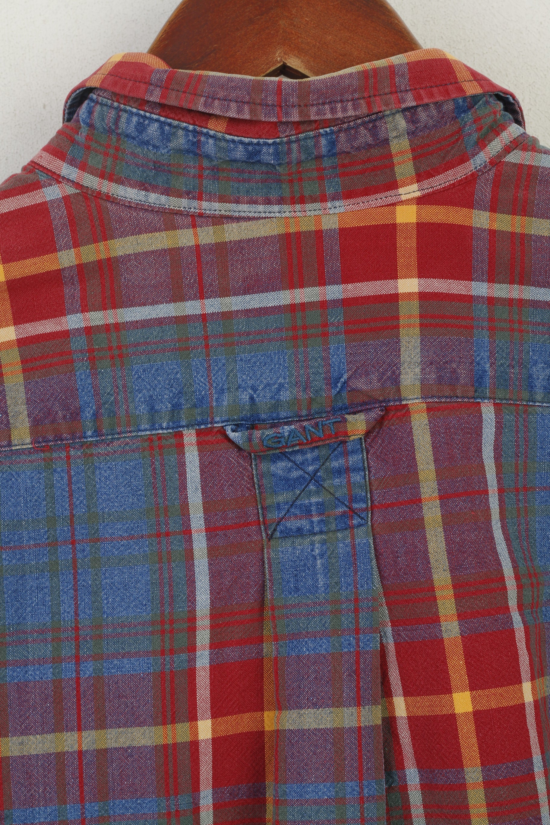 Gant Men XL Chemise décontractée Rouge Délavé Check Indigo Coton Western Vintage Haut à manches longues