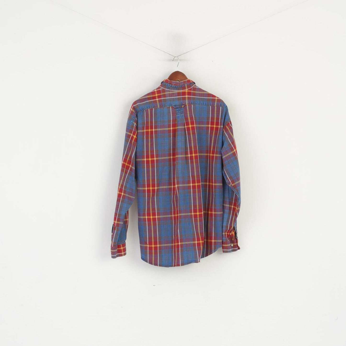 Gant Camicia casual da uomo XL Top a maniche lunghe vintage in cotone indaco con quadri rossi sbiaditi