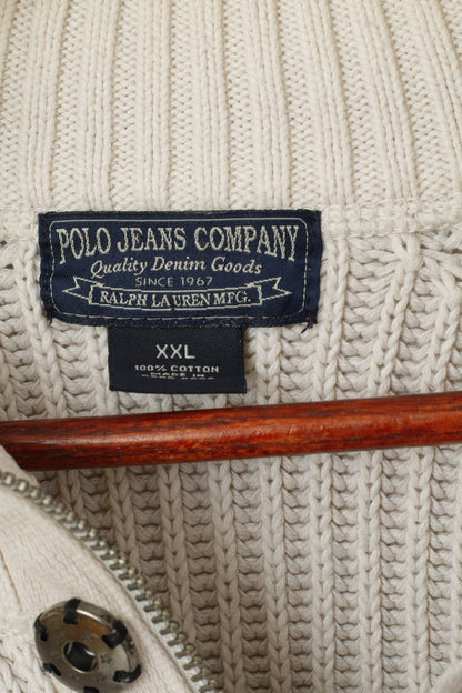 Polo Jeans Company Men XXL Sweater Beige Cotton Stretch Full Zipper Classic Top