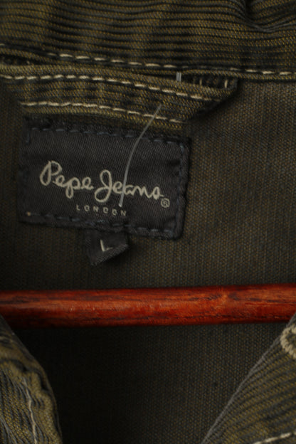 Pepe Jeans Femme L (M) Veste en Jean Vert Coton Fermeture Éclair Complète Patchs Haut