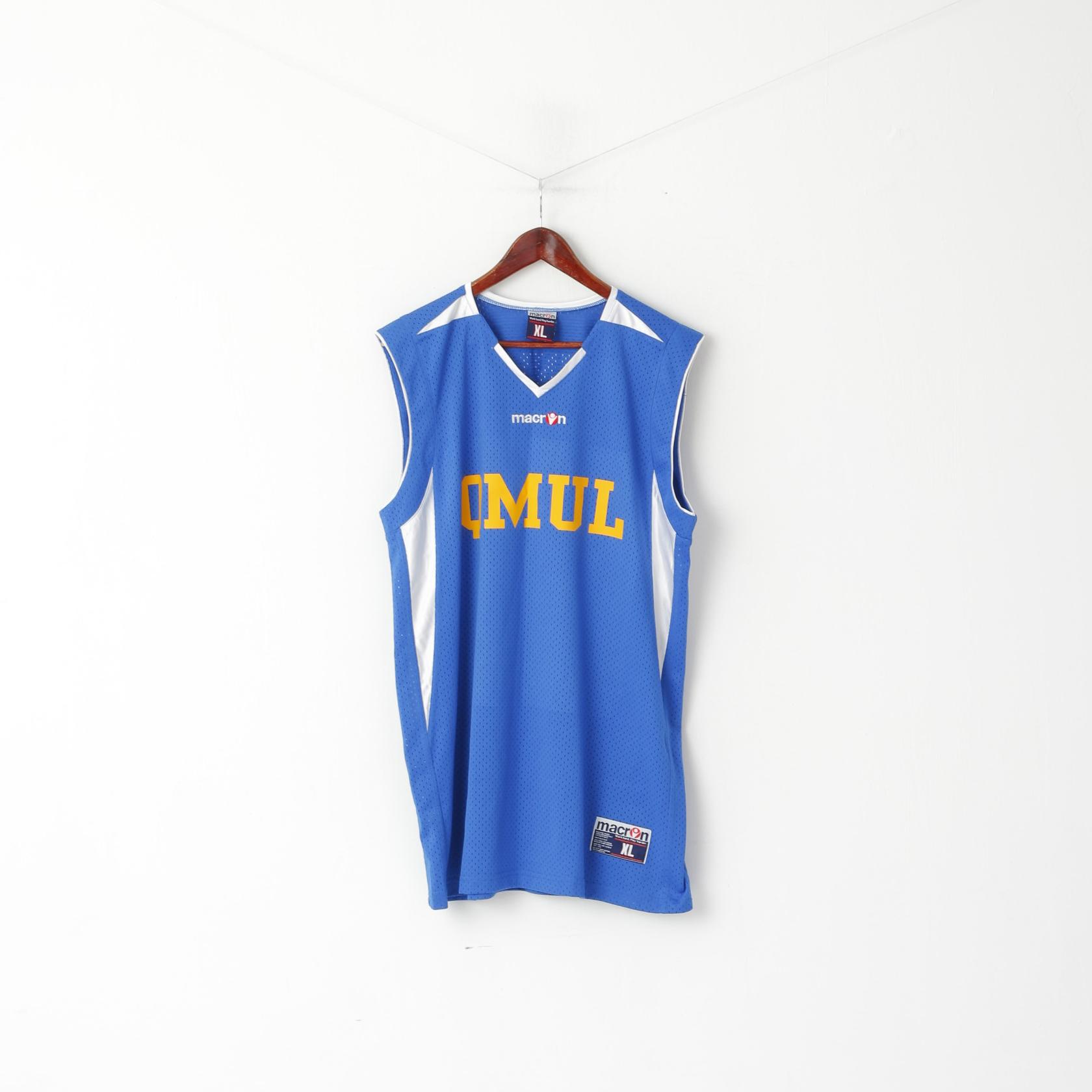 Macron Uomo XL senza maniche in rete blu con scollo a V Sport Basket Qmul #22 Greenwood Top