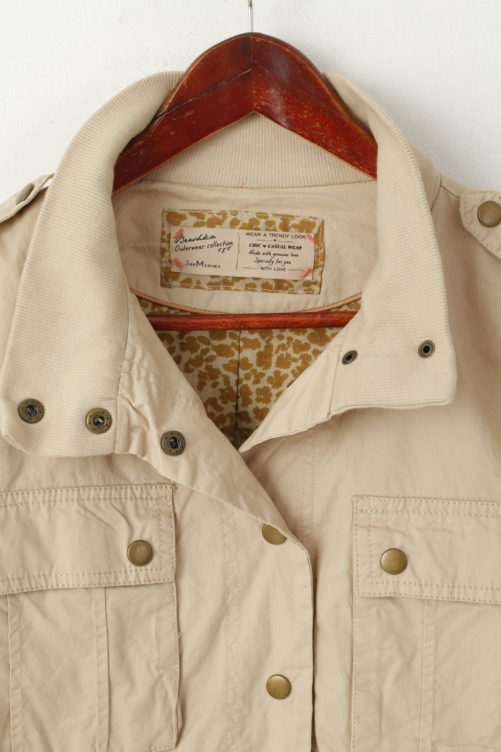 Bershka Femme M (S) Veste Beige Courte En Coton Poches Pression Haut De Sport