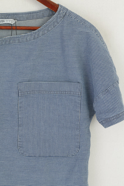 Zara Basic Women S Denim Shirt Navy Cotton Striped Oversize Classic Top