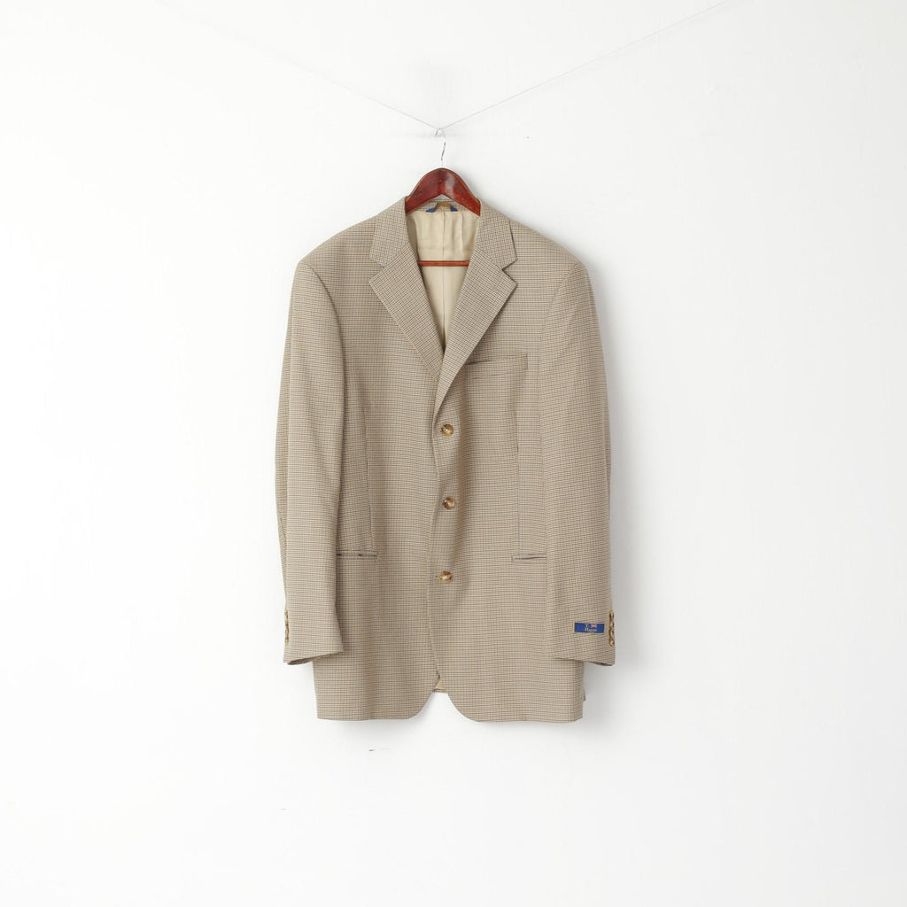 T. Harris London Men 44 L Blazer Beige Houndstooth Check Single Breasted Jacket