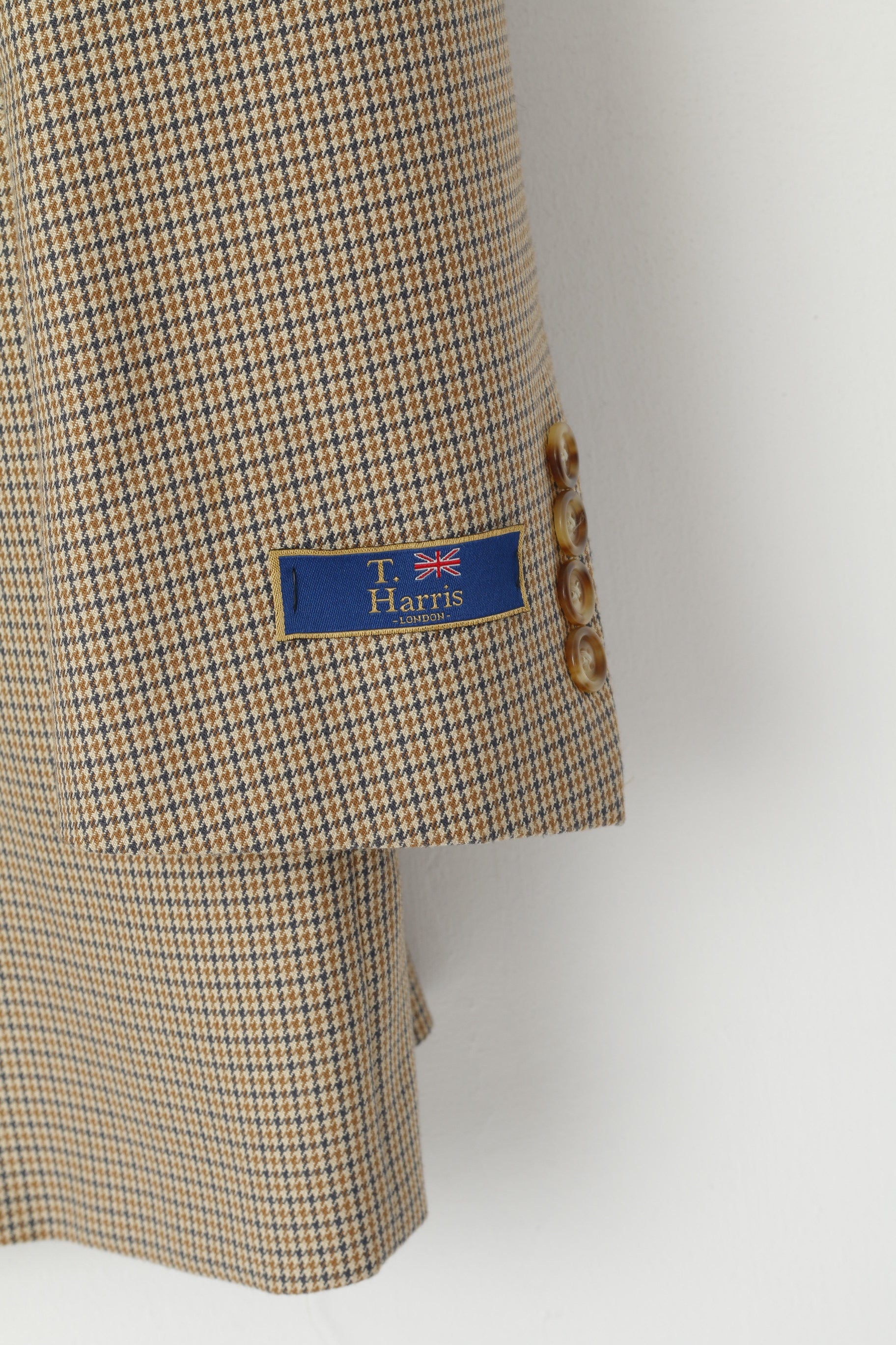 T. Harris London Men 44 L Blazer Beige Houndstooth Check Single Breasted Jacket