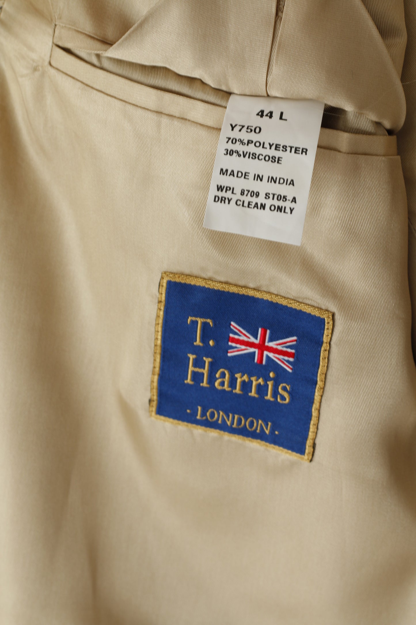 T. Harris London Men 44 L Blazer Beige Houndstooth Check Single Breasted Jacket