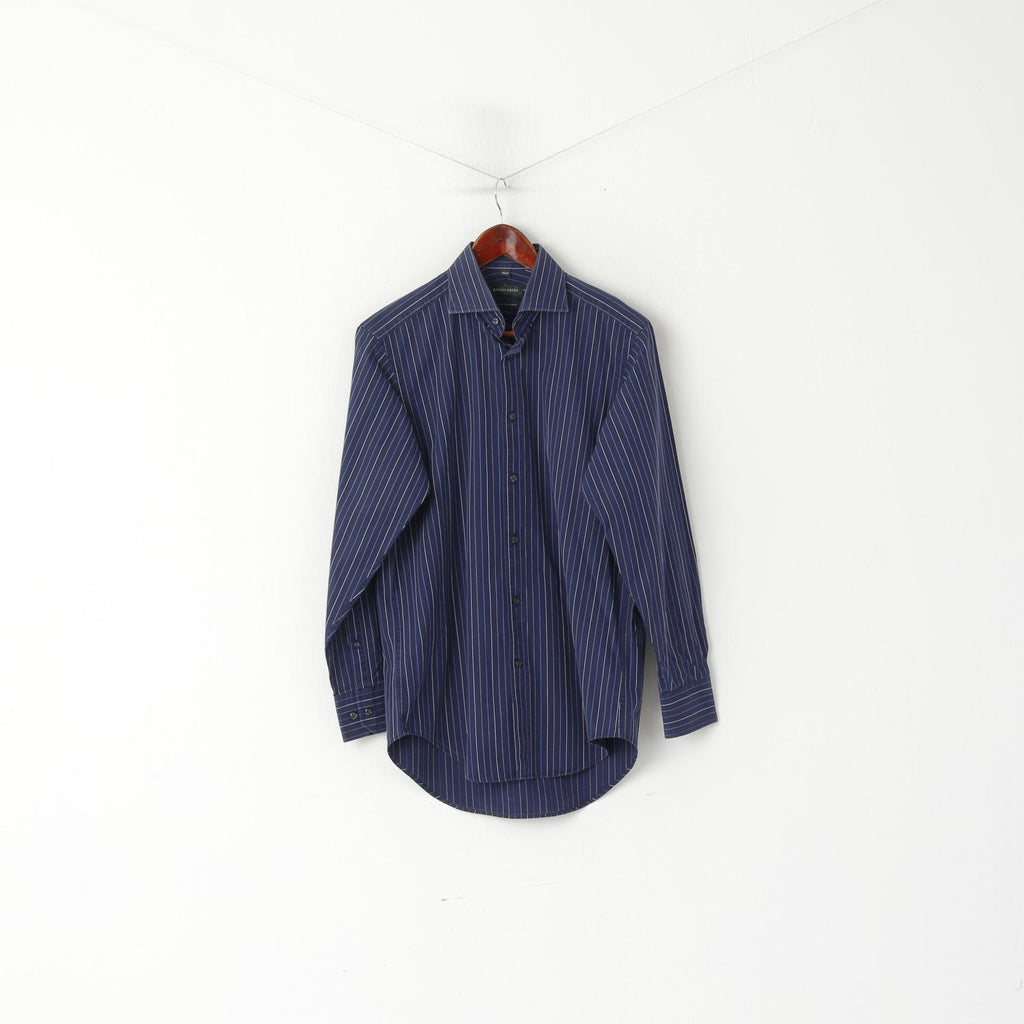 Racing Green Men 14.5 37 M Camicia casual Top a maniche lunghe in cotone a righe blu scuro