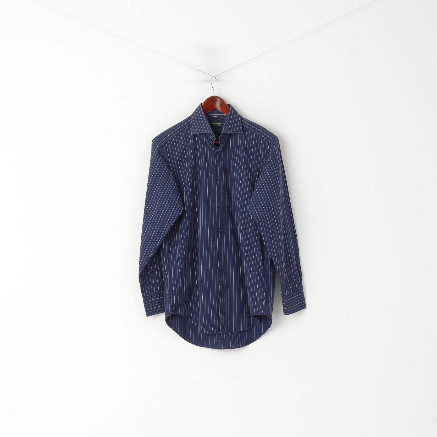 Racing Green Men 14.5 37 M Camicia casual Top a maniche lunghe in cotone a righe blu scuro