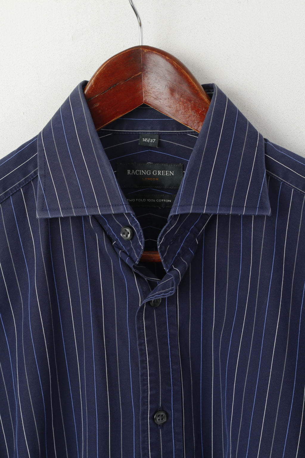 Racing Green Men 14.5 37 M Camicia casual Top a maniche lunghe in cotone a righe blu scuro