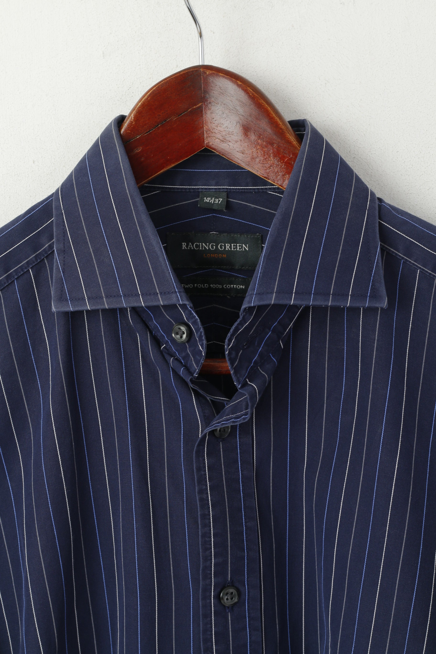 Racing Green Men 14.5 37 M Camicia casual Top a maniche lunghe in cotone a righe blu scuro