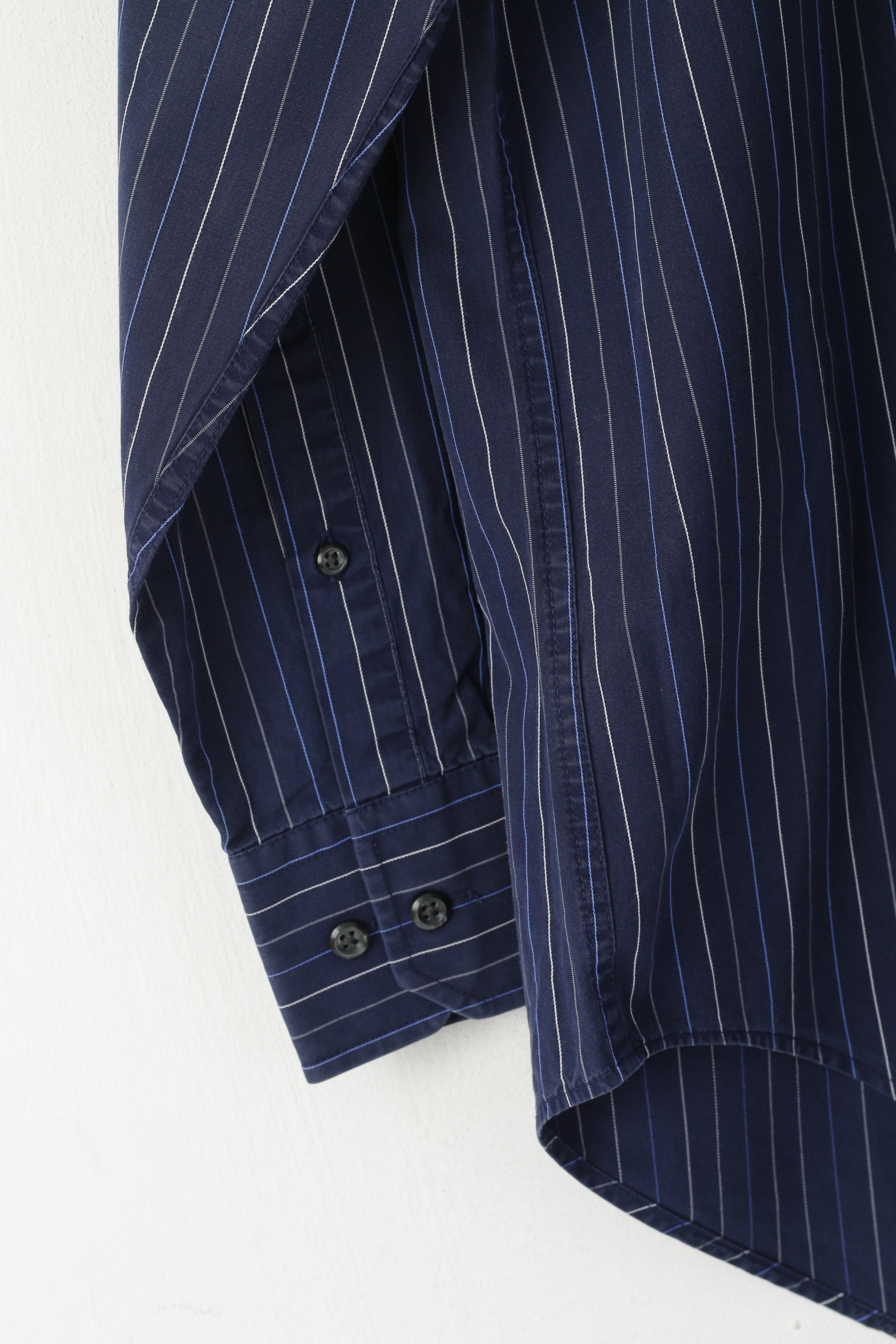 Racing Green Men 14.5 37 M Camicia casual Top a maniche lunghe in cotone a righe blu scuro