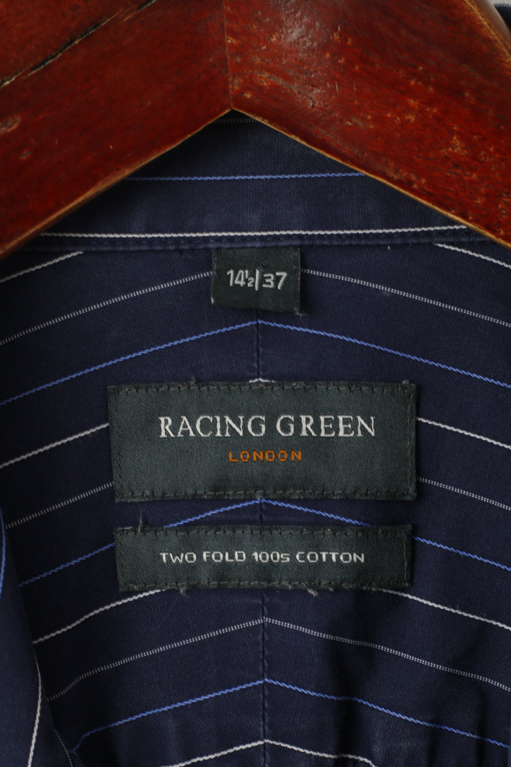 Racing Green Men 14.5 37 M Camicia casual Top a maniche lunghe in cotone a righe blu scuro