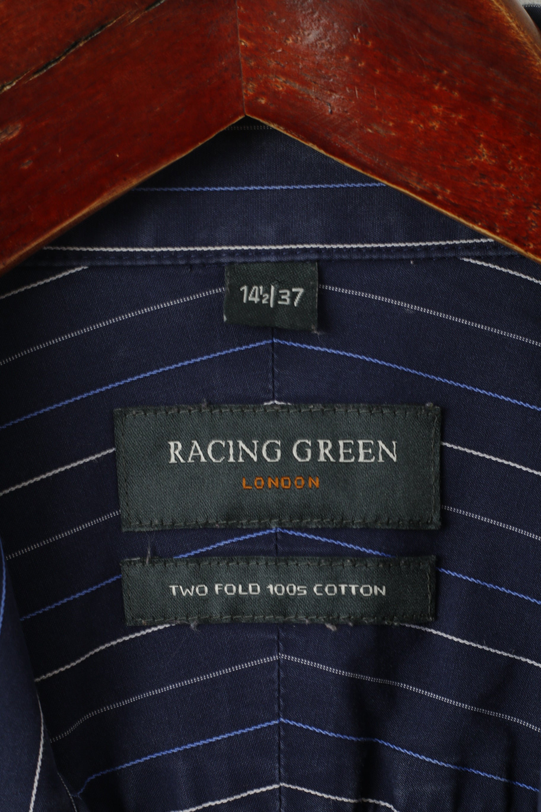 Racing Green Men 14.5 37 M Camicia casual Top a maniche lunghe in cotone a righe blu scuro