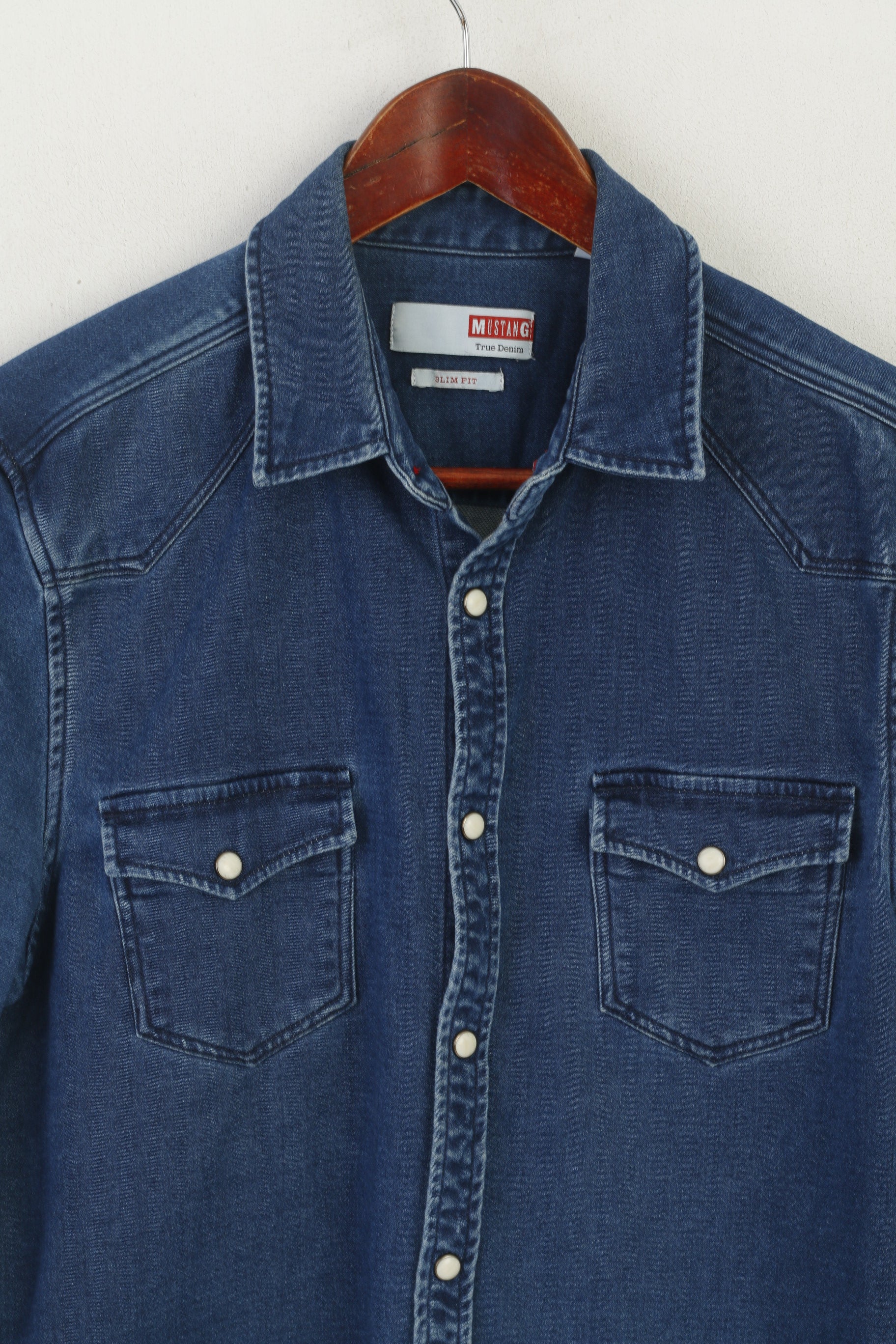 Mustang Men S Casual Shirt Blue Denim Slim Fit Stretch Long Sleeve Vintage Top