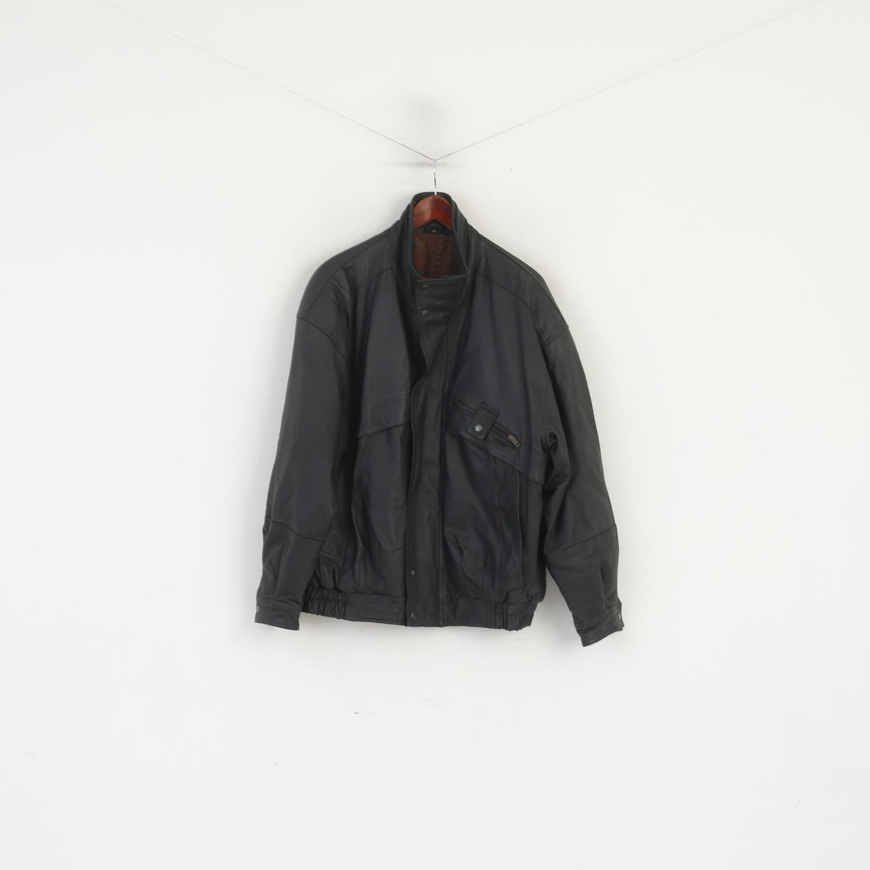 C&amp;A Hommes 52 L Blouson Bomber En Cuir Noir Vintage Zippé Classique Biker Épaulettes Haut