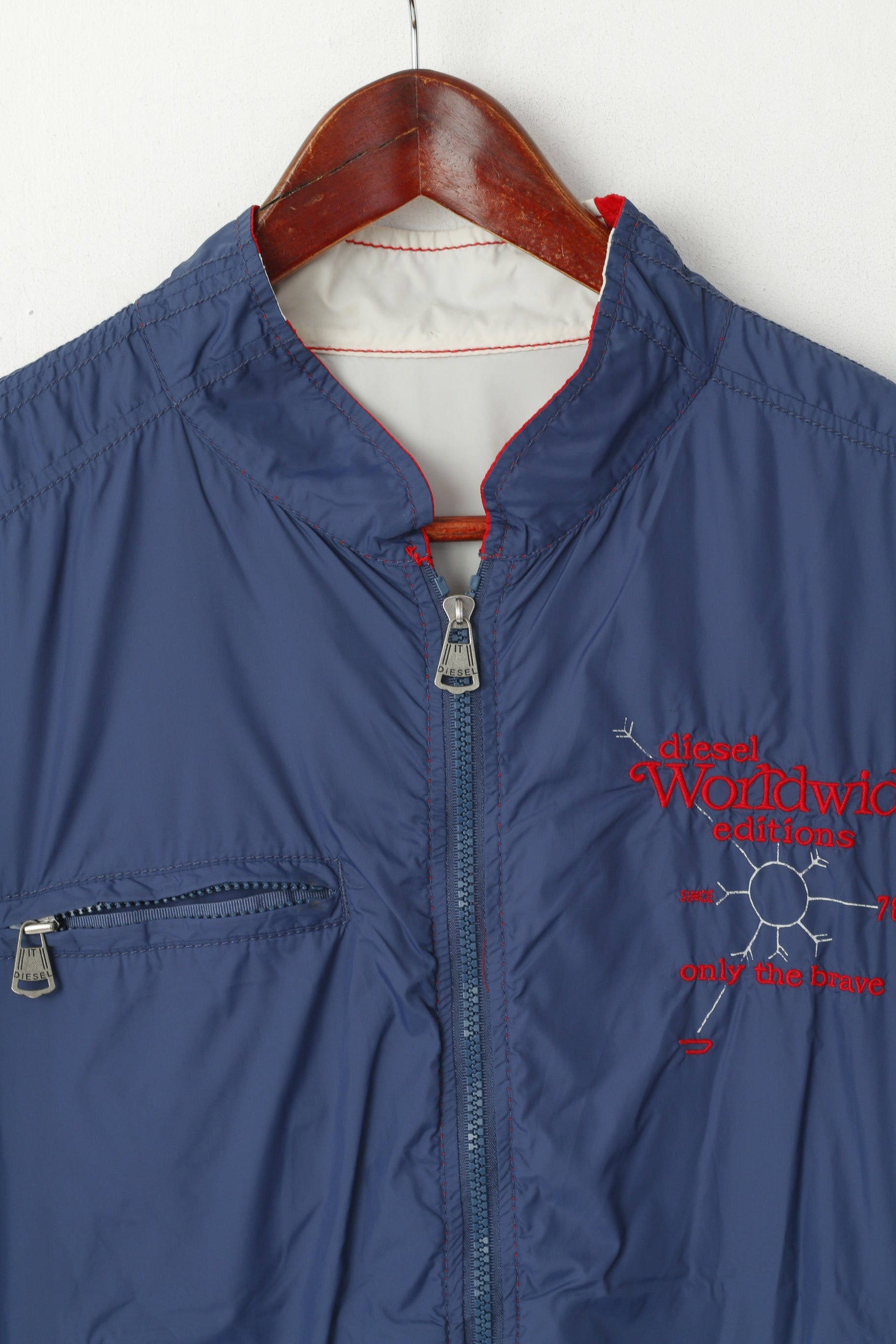 Diesel Men M (S) Jacket Navy Red Double-Sided Light Nylon Waterproof Zip Up Top