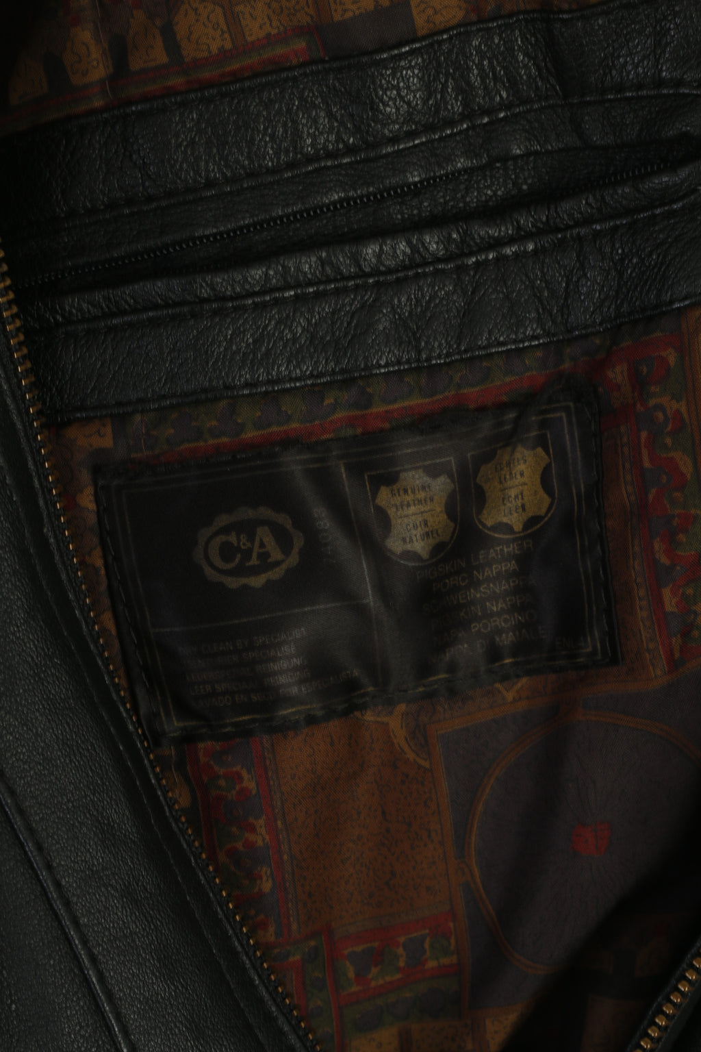 C&amp;A Hommes 52 L Blouson Bomber En Cuir Noir Vintage Zippé Classique Biker Épaulettes Haut