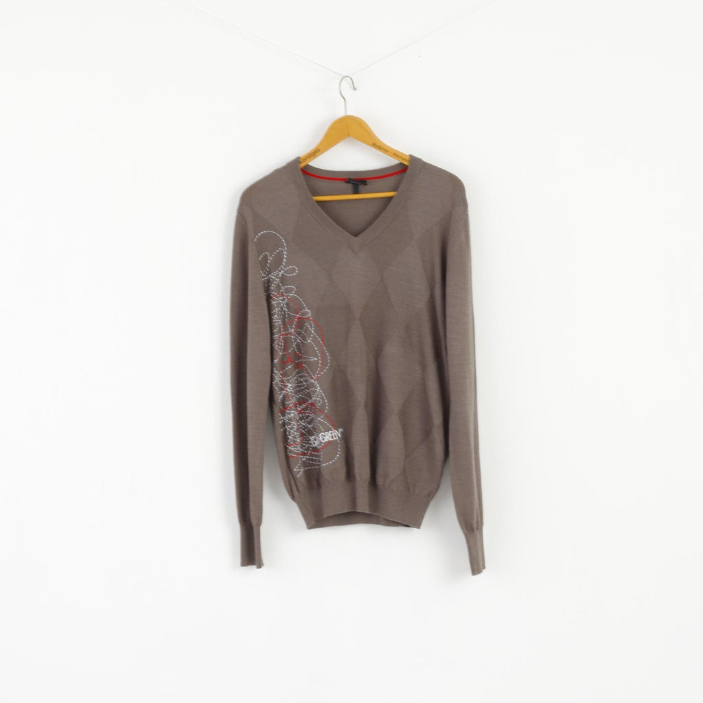 Galvin Green Men M Jumper Golf Brown V Neck Wool Emroidered Light Sweater