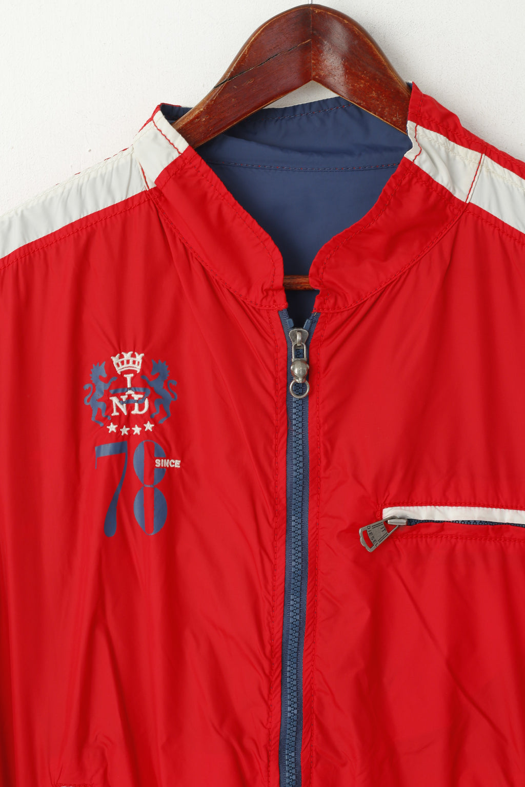 Diesel Men M (S) Jacket Navy Red Double-Sided Light Nylon Waterproof Zip Up Top