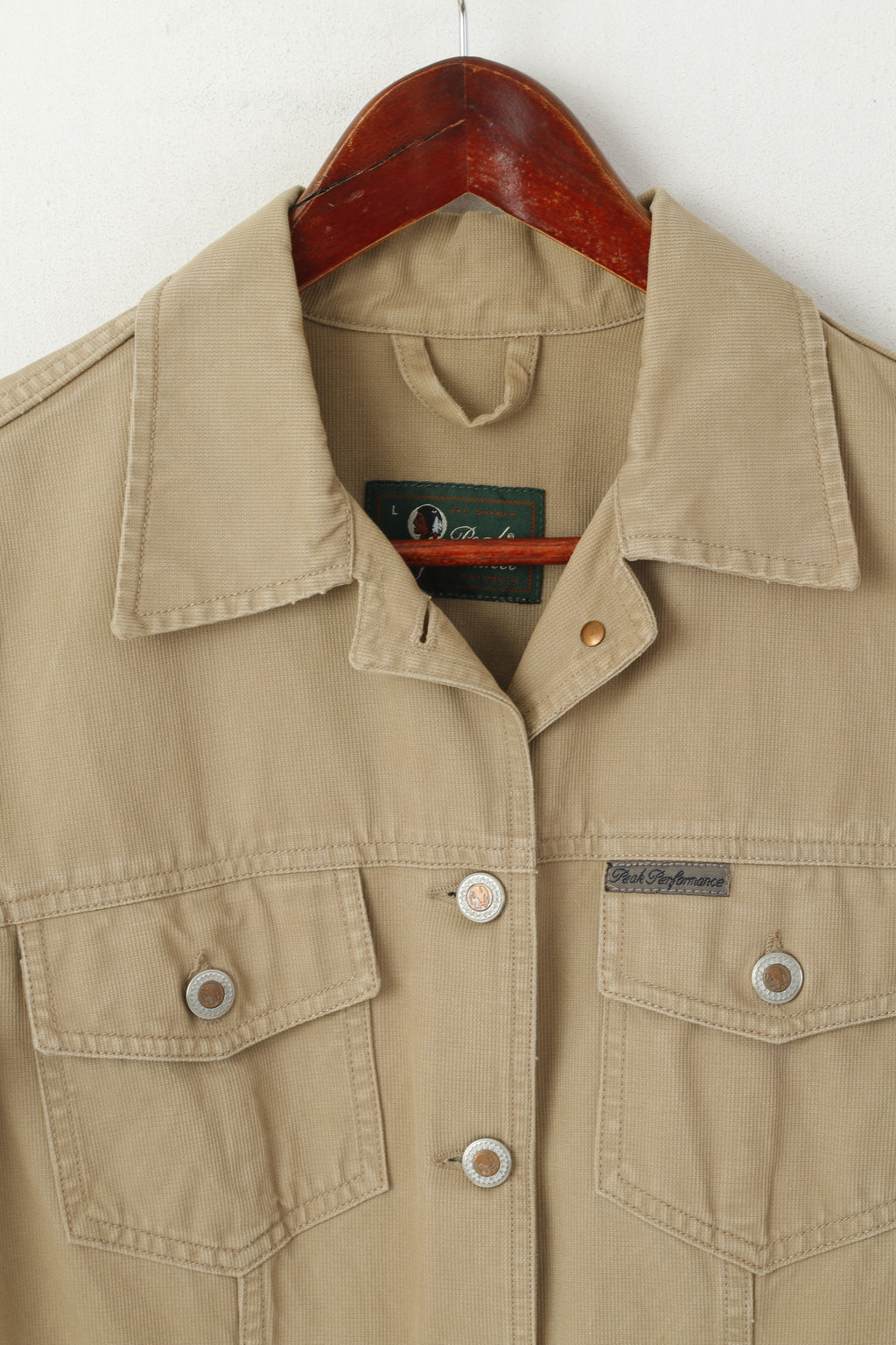 Peak Performance Women L Jacket Beige Denim Coton Boutonné Classique Top