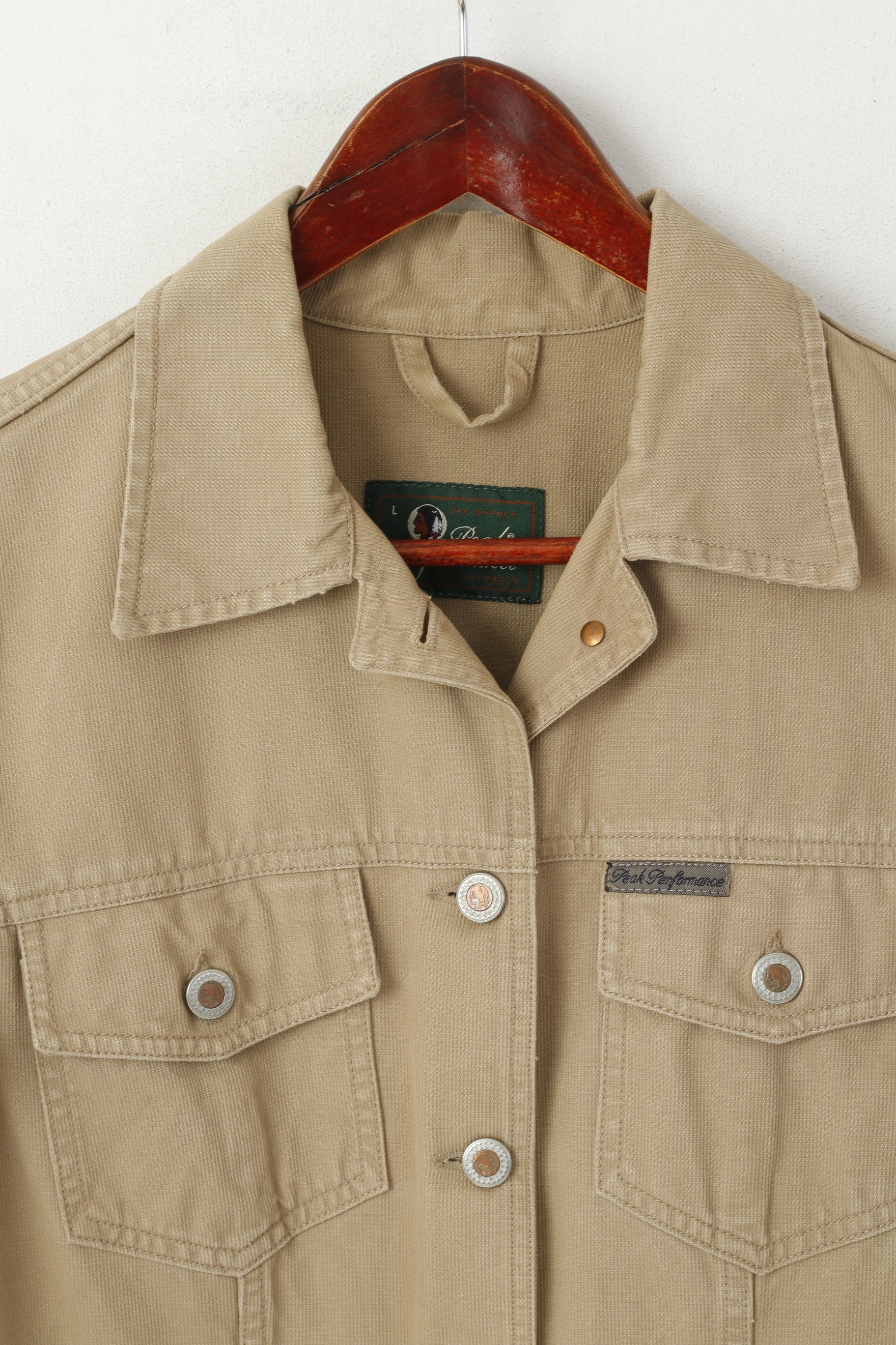 Peak Performance Women L Jacket Beige Denim Coton Boutonné Classique Top