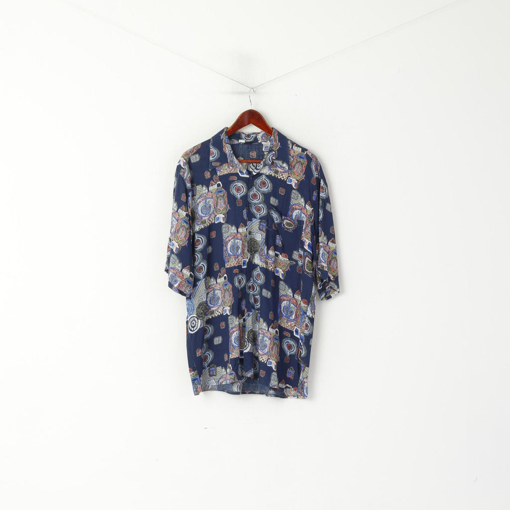 Vintage Men 42 176/182 L Casual Shirt Navy Short Sleeve Abstract Print Retro Top